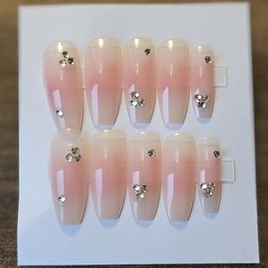 24 pcs long coffin cream peach pink blush diamond press on nails